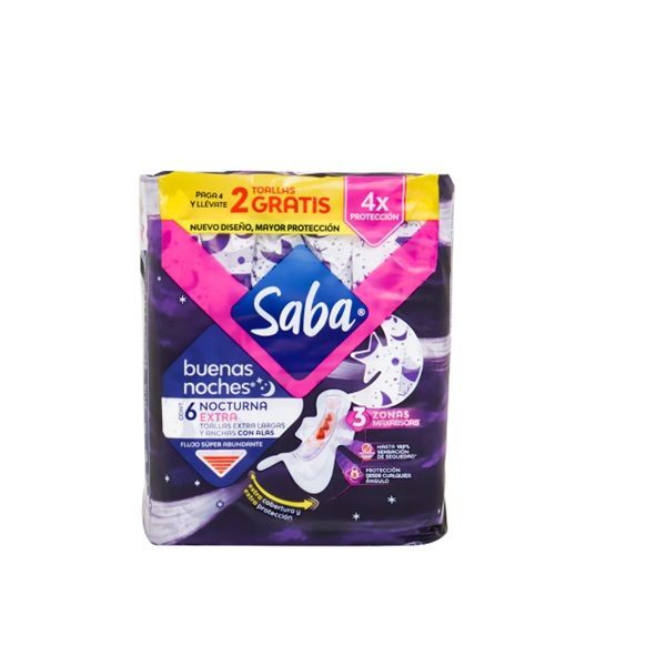 TOALLA FEMENINA SABA BUENAS NOCHES EXTRA CON ALAS C/4+2